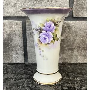 Burton & Burton 6” Floral Porcelain Trumpet Vase Purple Violets Gold Trim